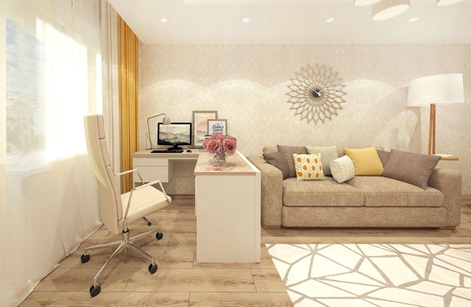 Дизайн гостиной 18 кв.м в теплых тонах, бежевое офисное кресло, бежевый диван, торшер, белый компьютерный стол