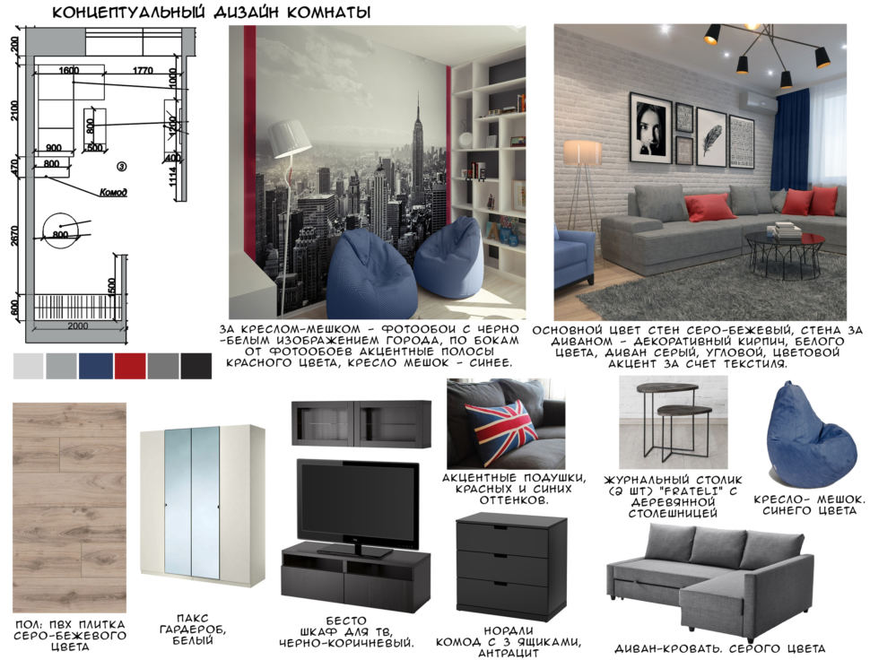 Концептуальный дизайн комнаты 18 кв.м, синие кресло, белый гардероб, пвх плитка, серый диван-кровать