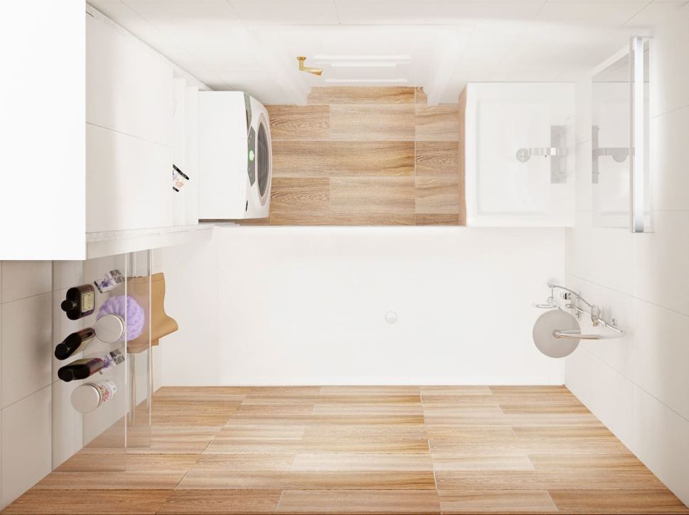 Визуализация ванной комнаты 3 кв.м в древесных и белых оттенках, подвесные полки, ванная, раковина, стиральная машинка, зеркало, белый шкаф